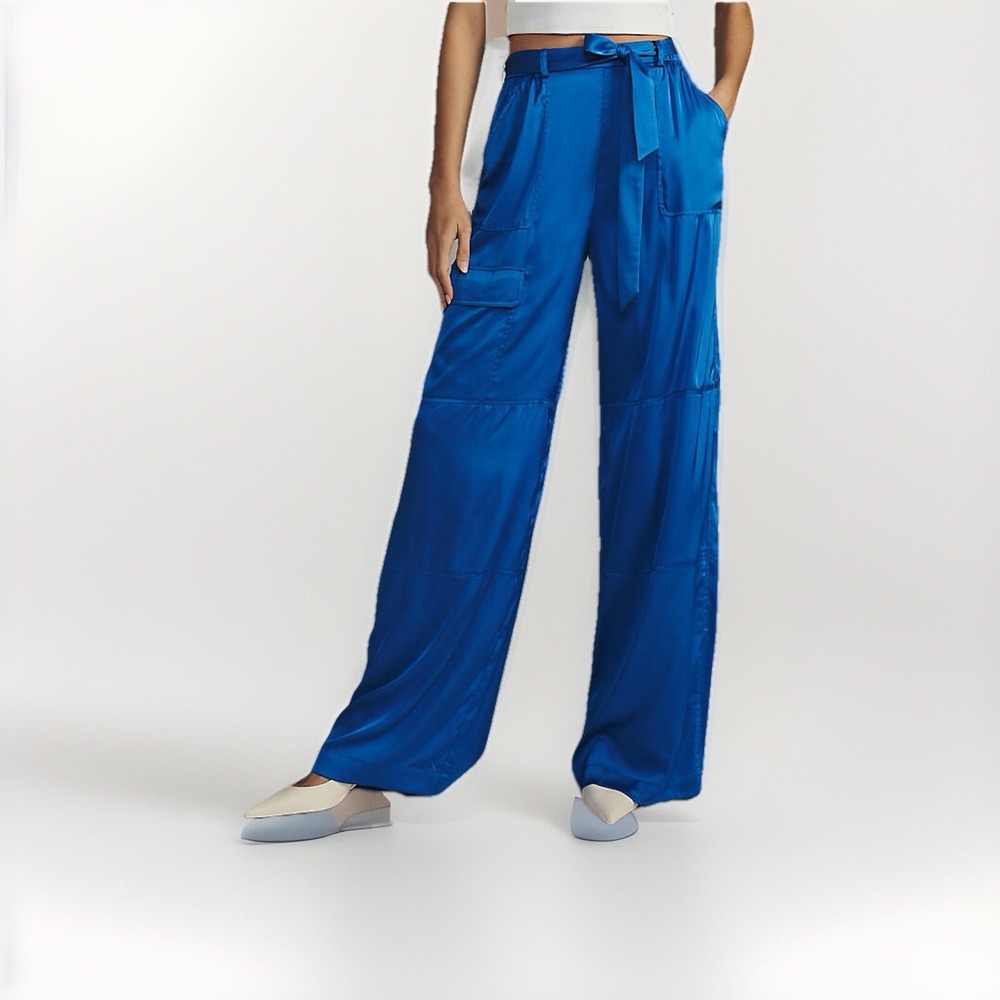 Anthropologie Hutch Satin Utility Pants Size XS  Wide Leg blue High Waist‎ Cargo